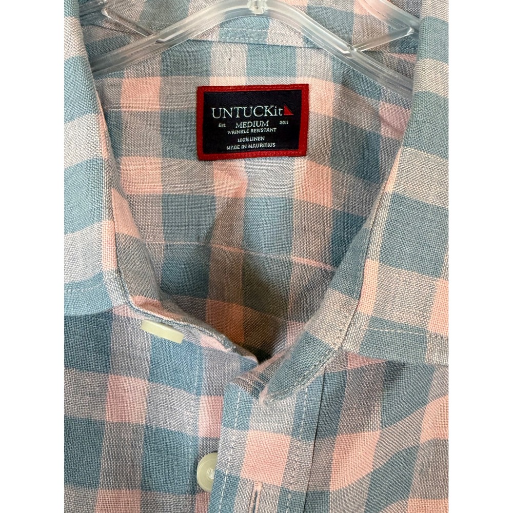 UNTUCKit Sutton WR Mens Medium Linen Gingham Button Down Shirt Blue Pink Coastal